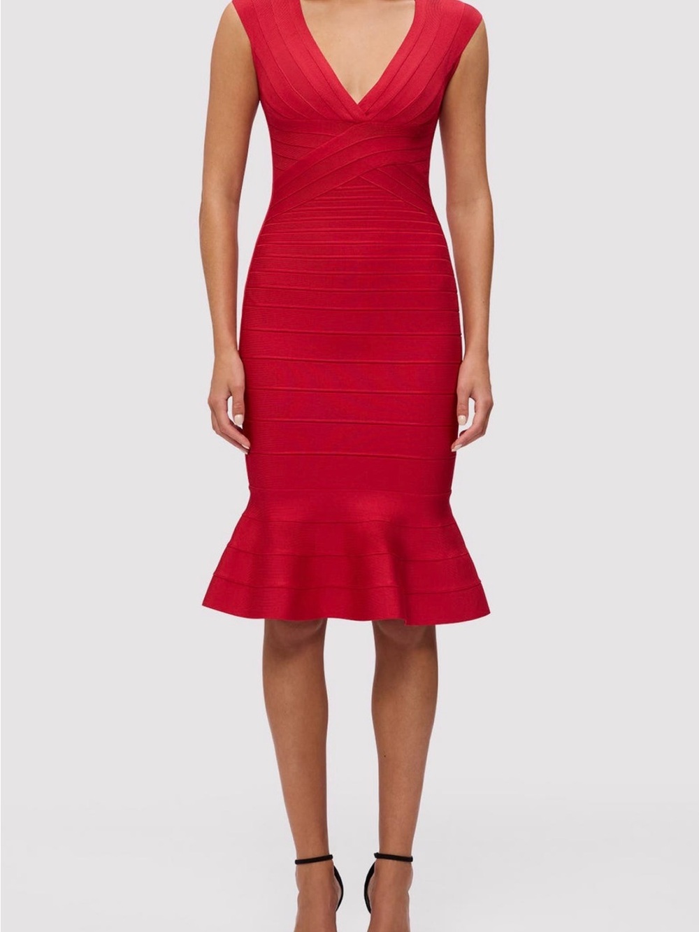 Herve Leger Red V-Neck Bandage Midi with Fluted Hem